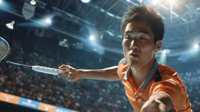 A badminton player swings fiercely in a crowded arena, showcasing intense focus and dynamic movement with a shuttlecock in flight.