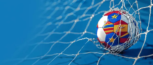 EU flag soccer ball inside a goal net on a blue background with crack-like texture.