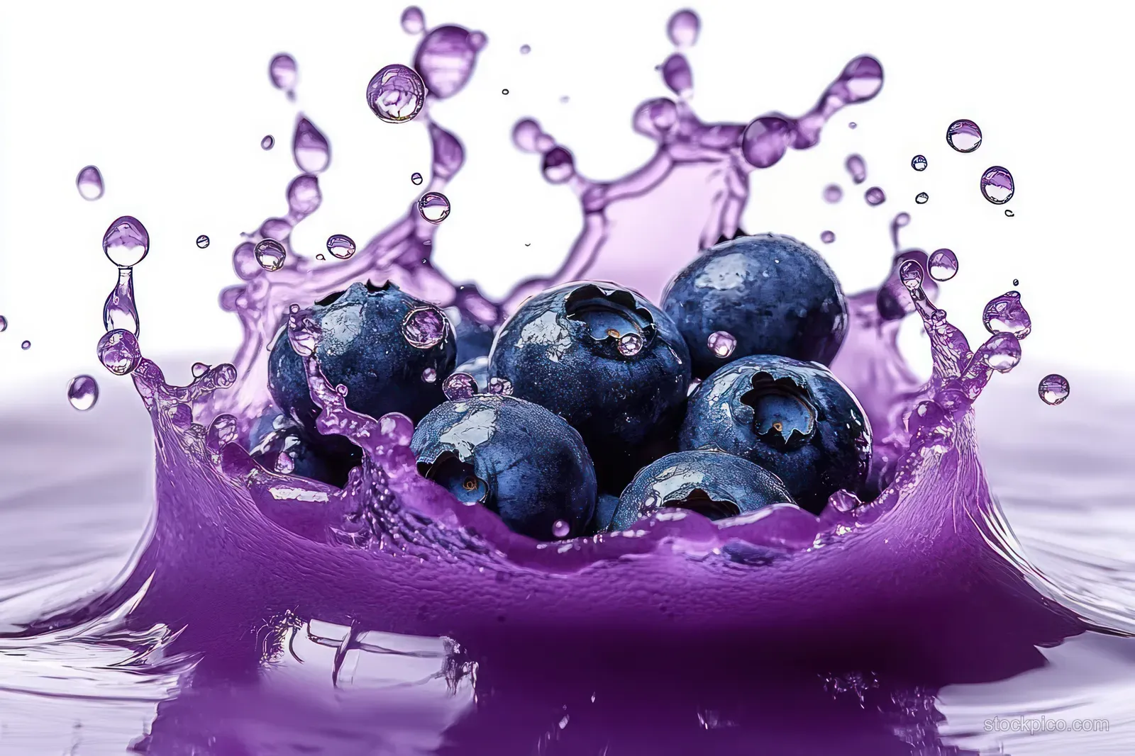 Blueberries and acai berries suspended in a purple juice splash with droplets against a white background.