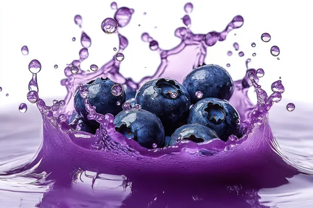 Blueberries and acai berries suspended in a purple juice splash with droplets against a white background.