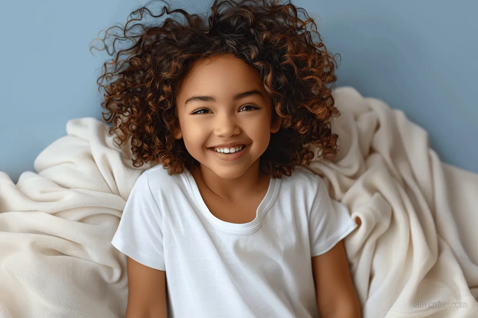Smiling baby boy with curly hair in a white shirt lying on a soft blanket, shot from above indoors.