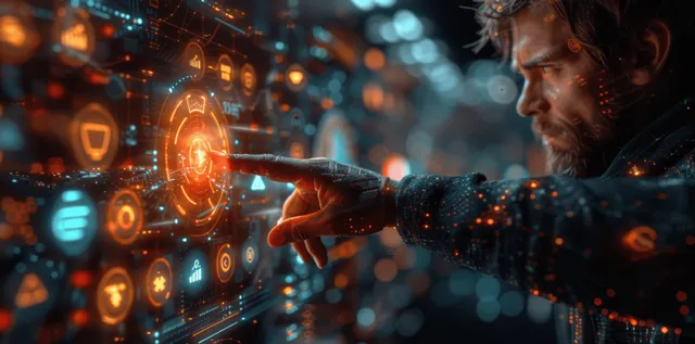 A hand reaches toward glowing holographic icons in a futuristic office with blurred screens.