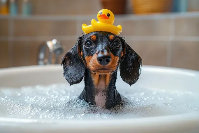 Wet small black-and-brown dog sits in a bubble-filled bathtub with a yellow rubber duck on its head.