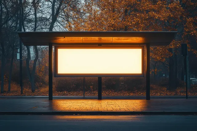Empty bus stop shelter with a blank glowing billboard panel at dusk in an autumn street scene.