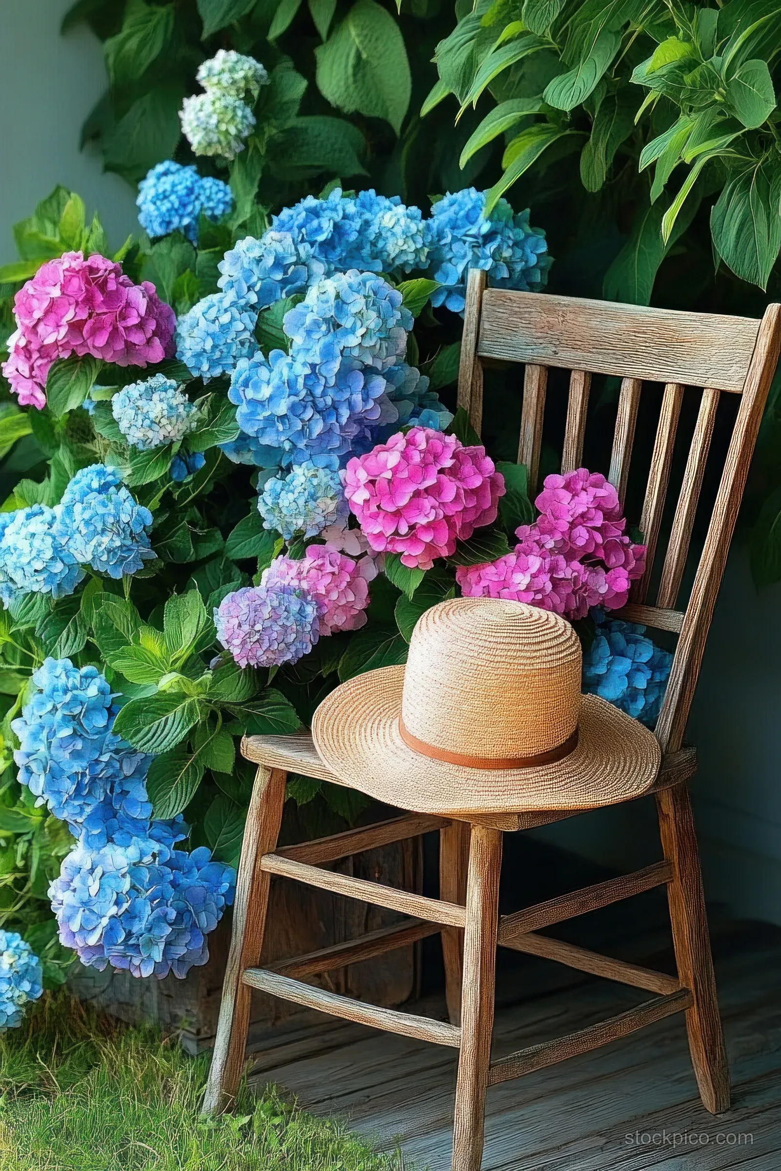 A wooden chair with a straw hat sits beside blue and pink hydrangea flowers.