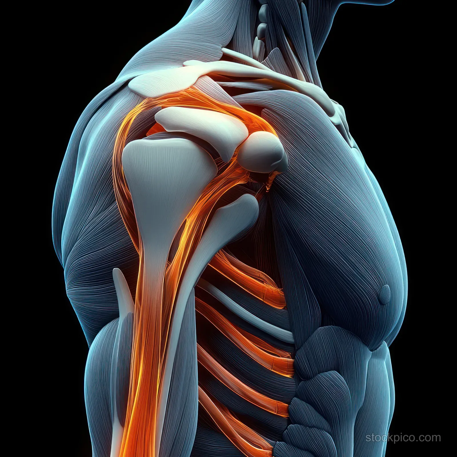 Anatomical shoulder and triceps view showing humerus, scapula, tendons, and glowing orange highlights on a dark background.