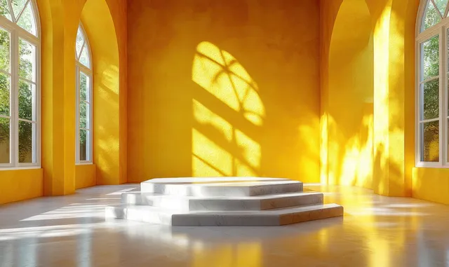 Minimal Yellow Product Podium with Hexagonal Platform and Natural Light