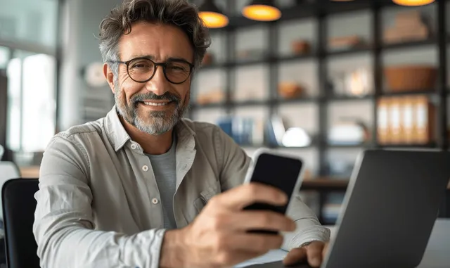 Smiling middle-aged man at a desk uses a smartphone while working on a laptop in a bright office.