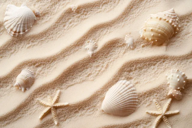 Sandy beach with seashells and starfish arranged on rippled shore from above