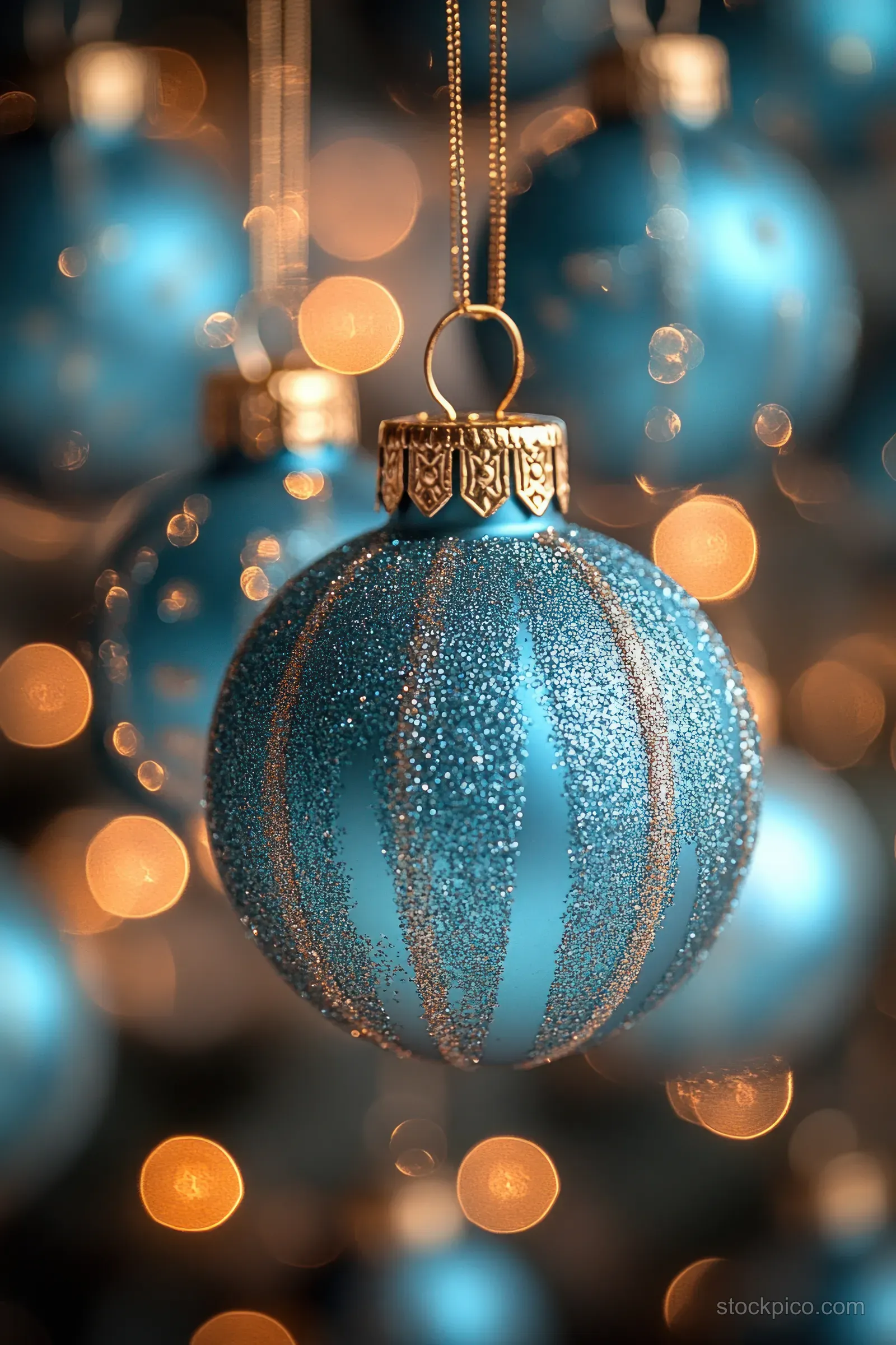 A glittery blue Christmas ornament hangs on a tree branch with warm, blurred bokeh lights behind it.