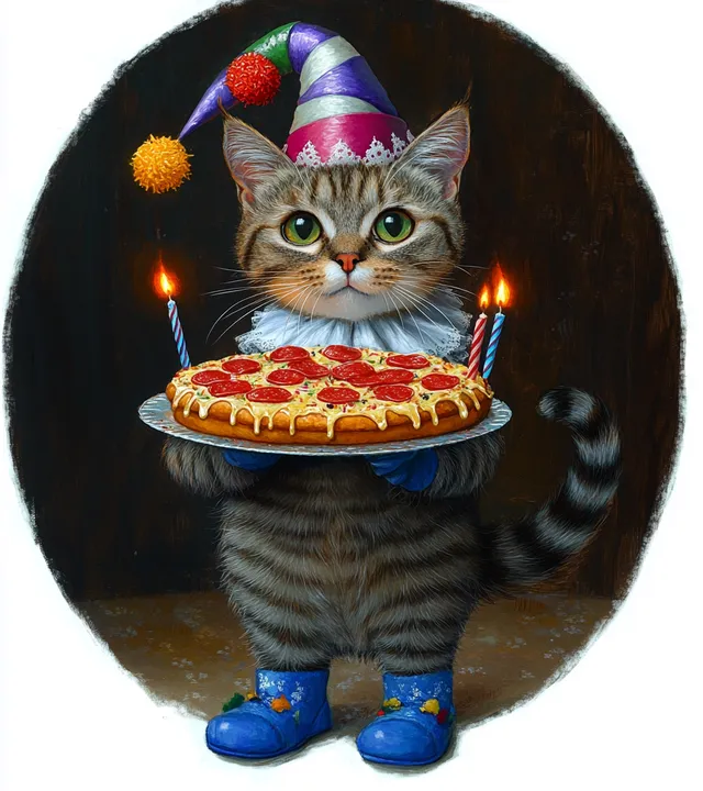Tabby cat in party hat and blue boots holding pepperoni pizza with lit candles