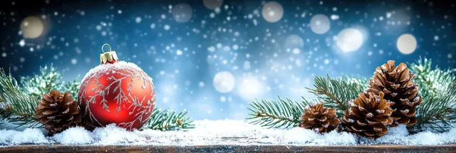 Red Christmas ornament and pine cones sit on a snowy wooden table with blue bokeh lights in the background.