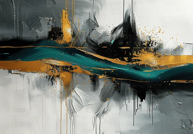 Abstract canvas shows a teal flowing brushstroke with black splatters, gold accents, and gray drip textures.