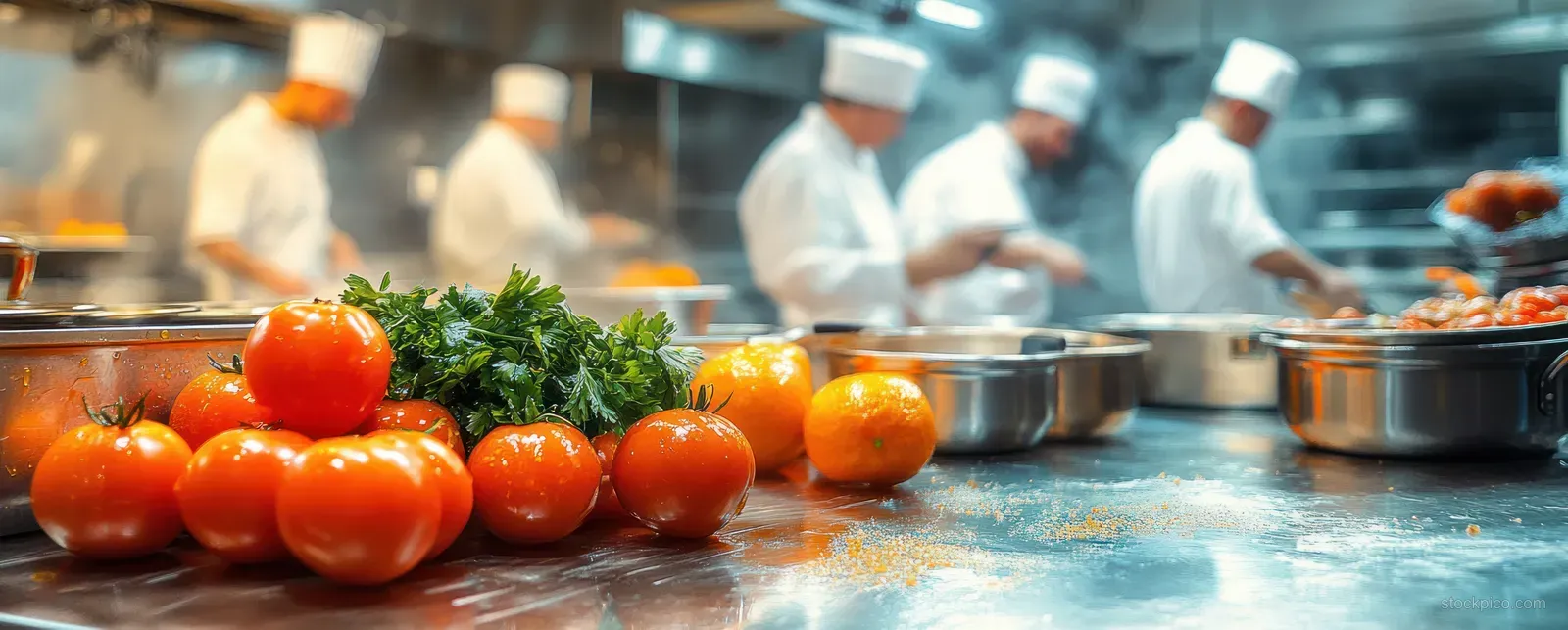 Tomatoes and parsley sit on a stainless steel counter while chefs in white uniforms cook amid steam and cookware.
