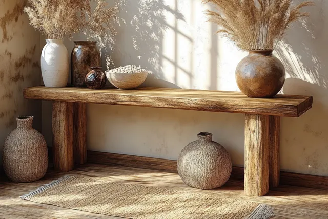 Wooden console table with decorative winter vases and ornaments in a softly lit Scandinavian room.