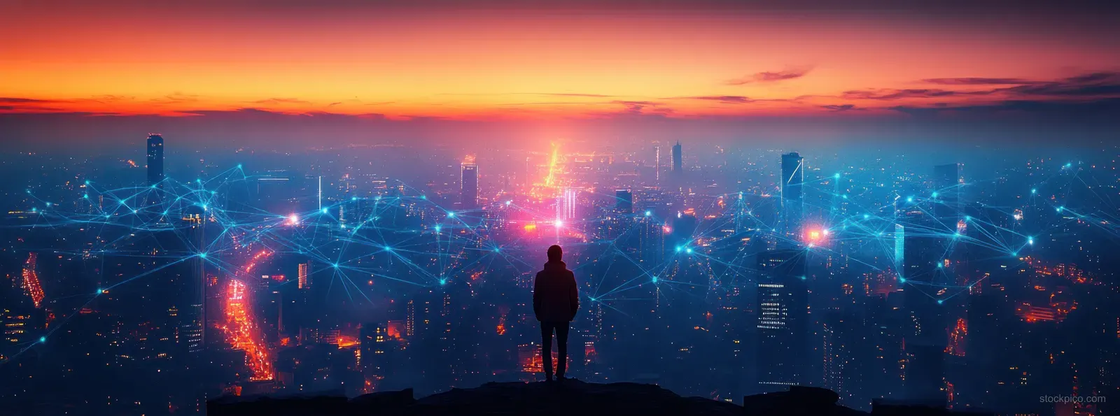 A silhouetted person stands overlooking a glowing smart city with network connections at sunset.