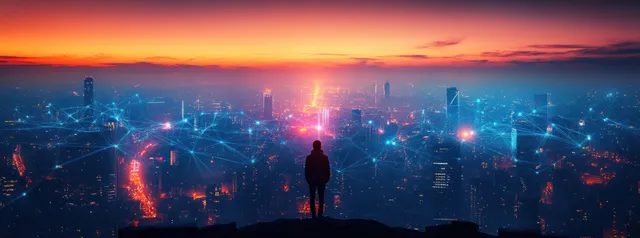 Silhouetted person overlooking glowing smart city network at dusk