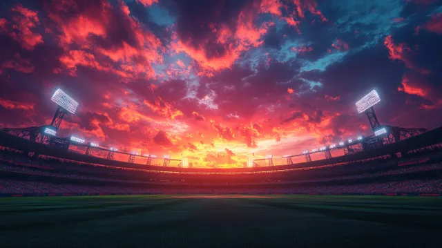 Cricket stadium at sunset with floodlights, cheering crowd, and dramatic fiery clouds