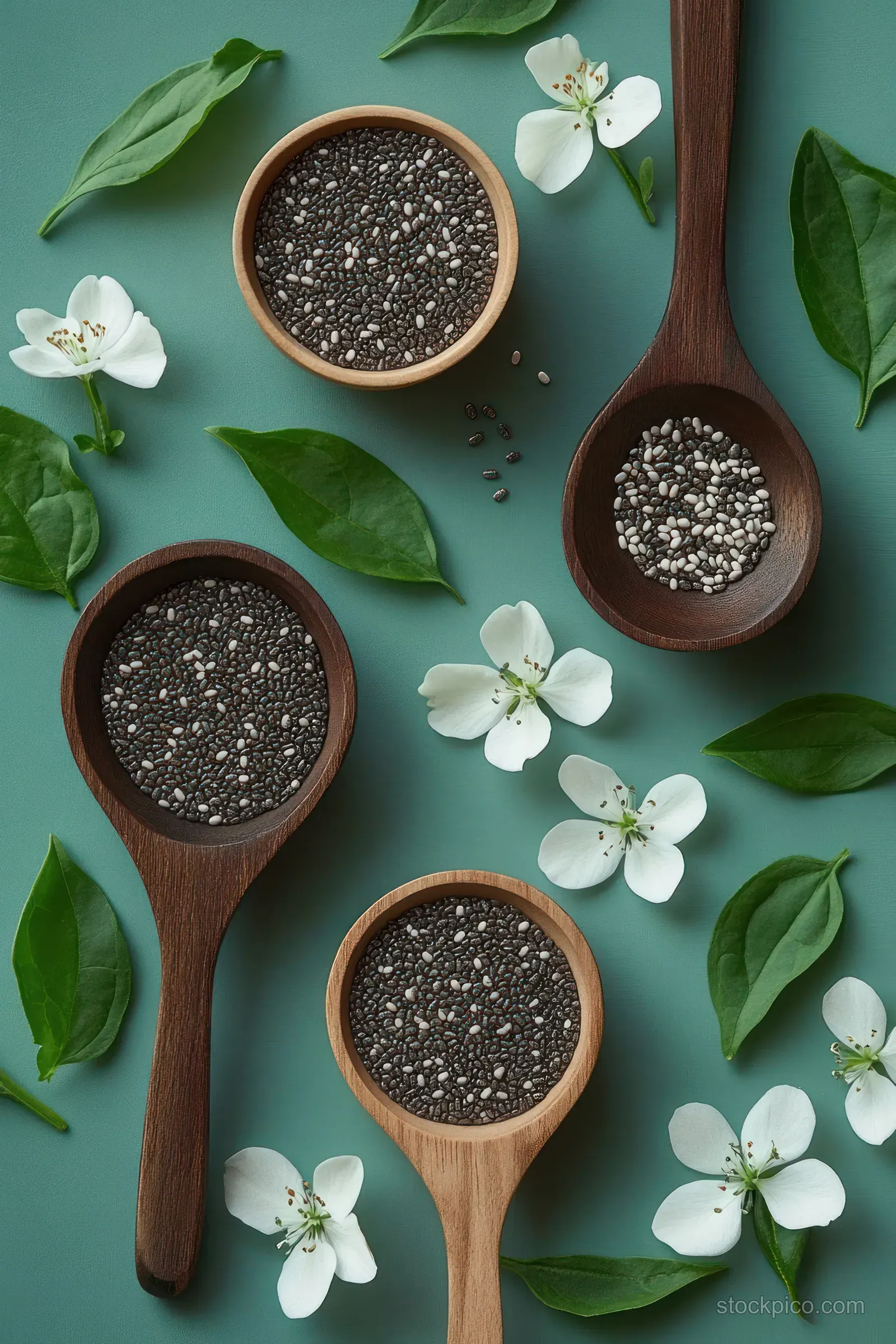 Wooden spoons and a bowl filled with black and white chia seeds on a teal background with white flowers and green leaves.