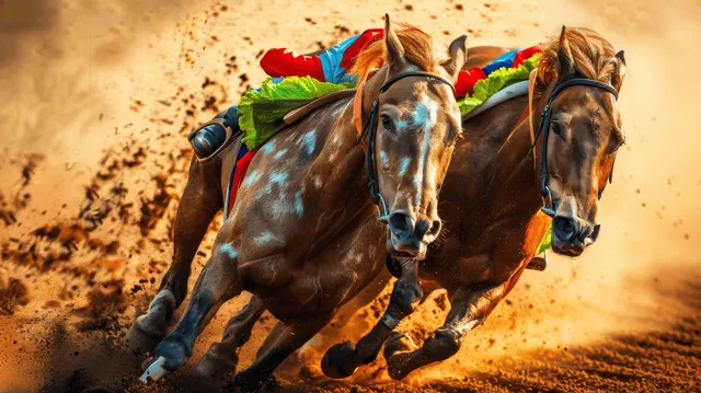 Two racehorses gallop neck-and-neck as jockeys lean forward and dirt dust bursts across the track.