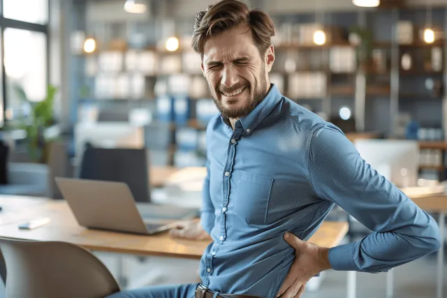 Young man holding his lower back grimacing while working on a laptop in office