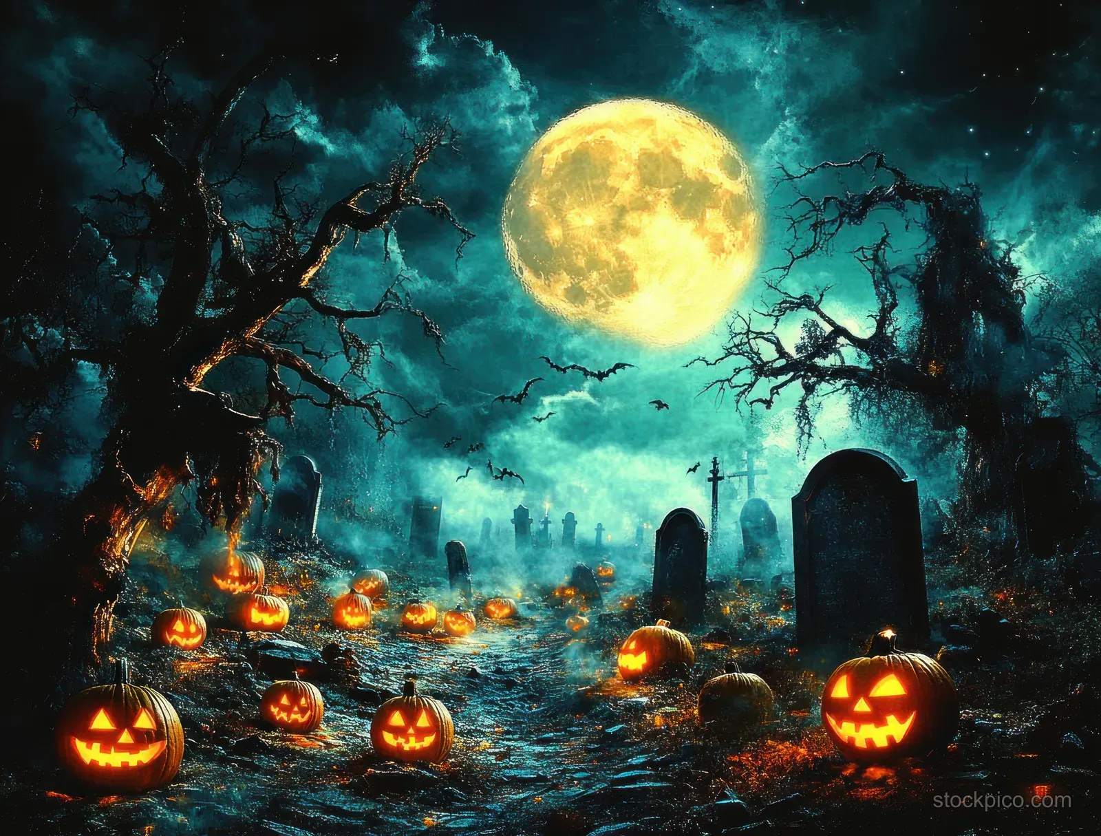 Full moon over a misty graveyard where glowing jack-o-lanterns sit among tombstones beneath twisted trees.