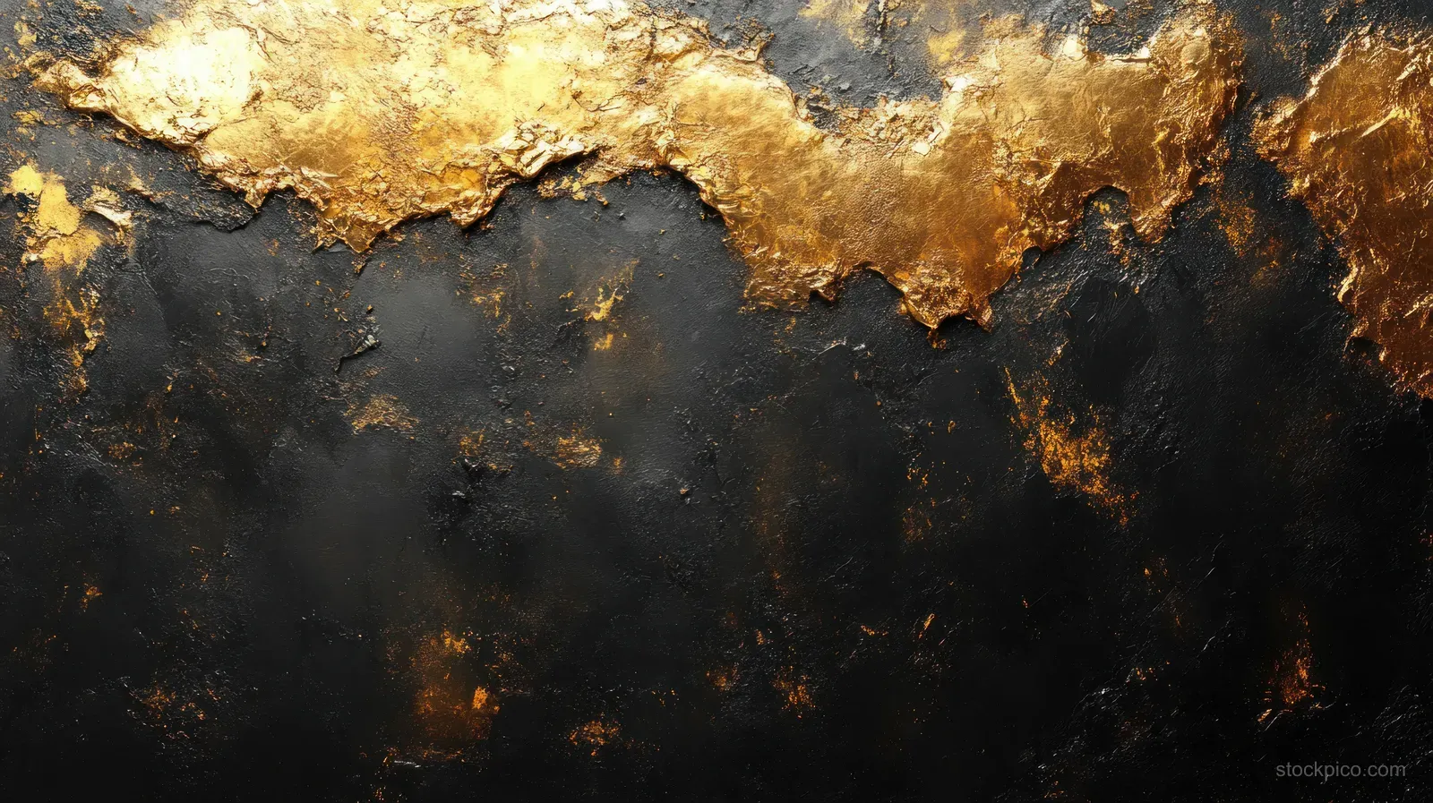 Black and gold textured abstract painting background with shimmering metallic edges and scattered gold flecks.