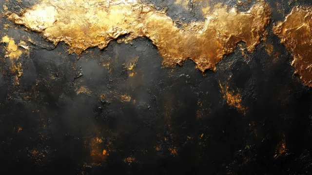 Black and gold textured abstract painting background with shimmering metallic edges and scattered gold flecks.