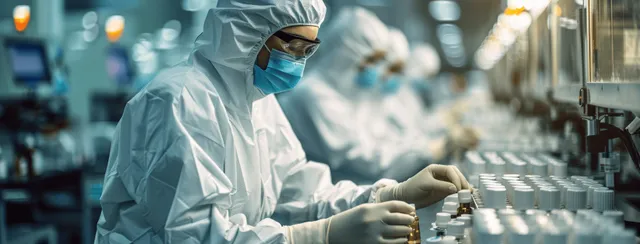 A masked lab worker in protective gear assembles labeled serum bottles on an illuminated assembly line.