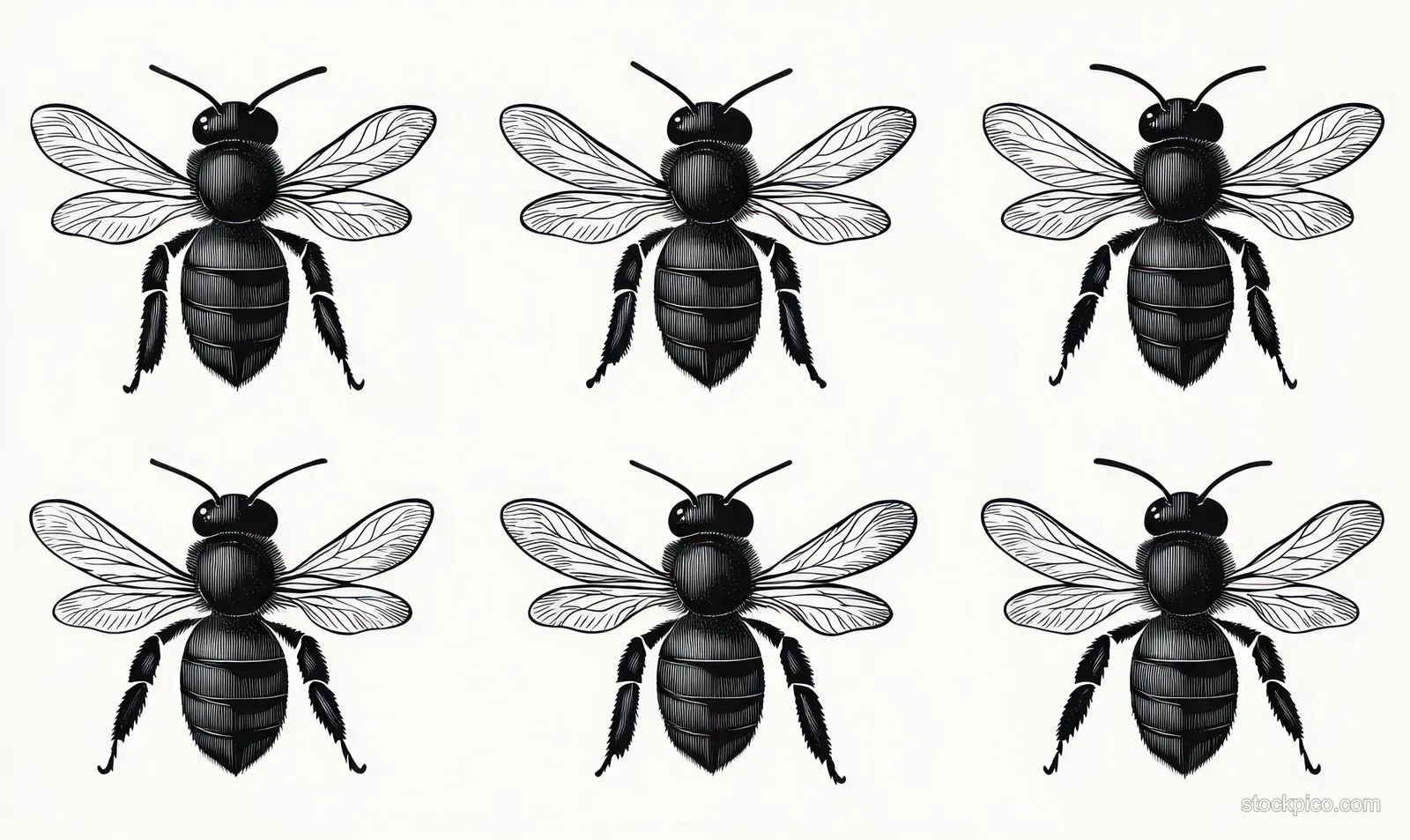 Six black and white bees are arranged in two symmetrical rows of three on a white background.