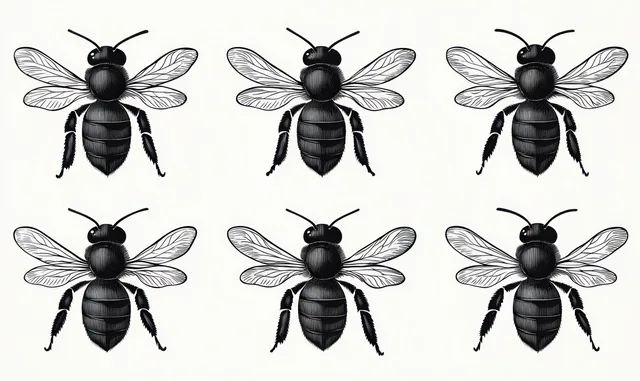 Six black and white bees are arranged in two symmetrical rows of three on a white background.