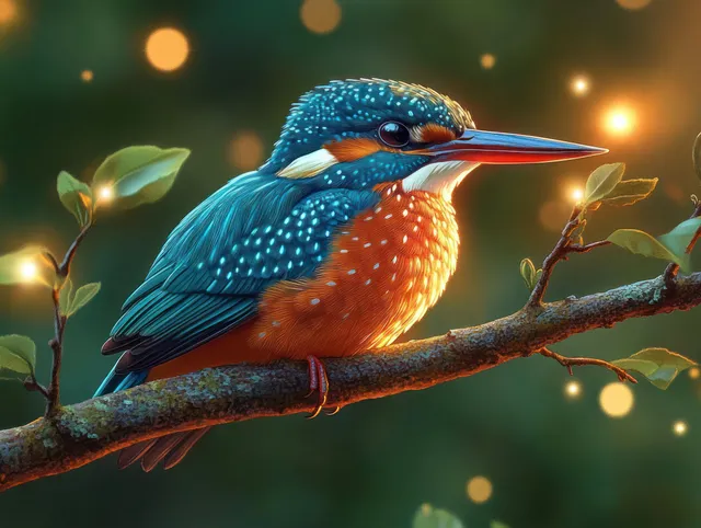 A vibrant kingfisher perched on a leafy branch with warm glowing orbs floating in a dusk forest.