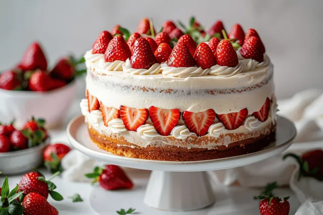 Minimalist strawberry cake with white cream and fresh berries on a light gray plate
