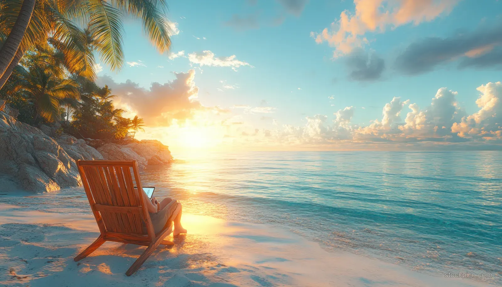 A businessman typing on a laptop by a beach chair with palm trees and calm ocean at sunset.