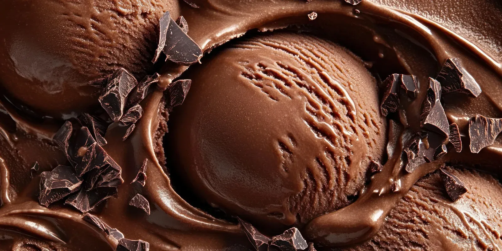 Chocolate ice cream scoops with dark chocolate shavings and cocoa flakes on a glossy creamy background.