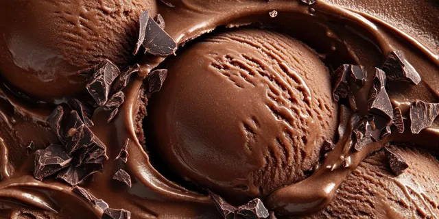 Chocolate ice cream scoops with dark chocolate shavings and cocoa flakes on a glossy creamy background.