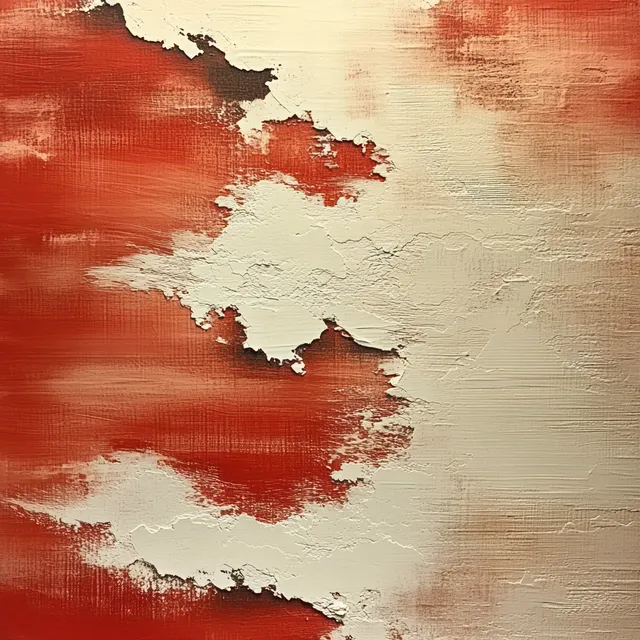 Red and cream abstract splatter pattern with brushy texture on terracotta background