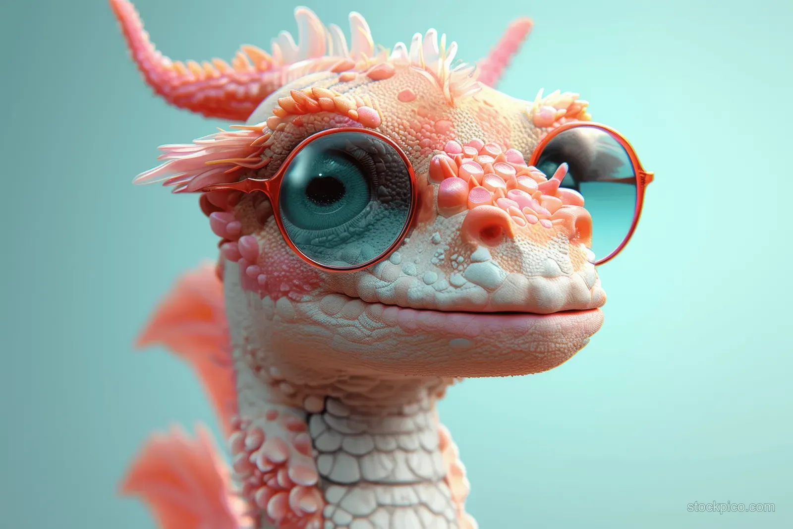 A small sea dragon character wearing oversized sunglasses in front of a soft pastel gradient background.