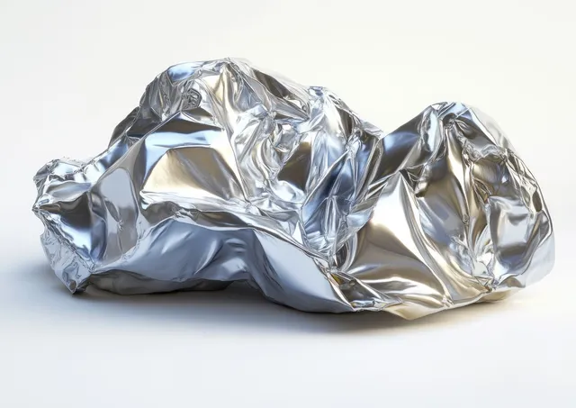 Crumpled shiny silver metallic foil on white background with sharp reflective creases and folds