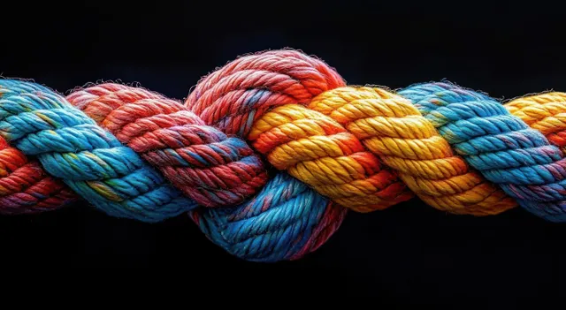 Colorful knotted rope with intertwined fibers on dark background showing connection and strength