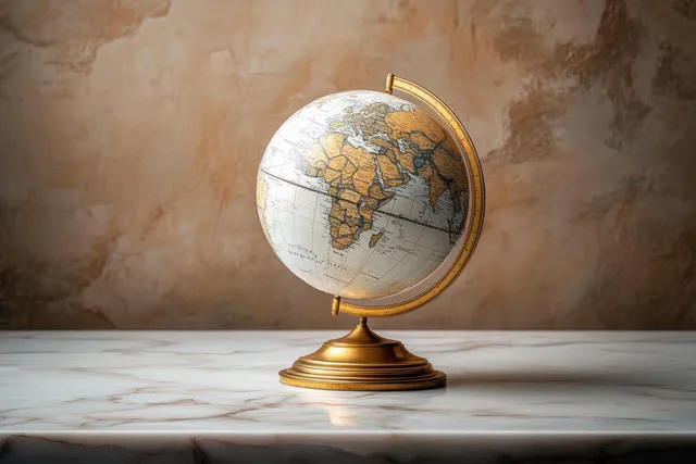Antique globe with Africa and Europe on a golden base on a marble surface against warm textured brown backdrop.