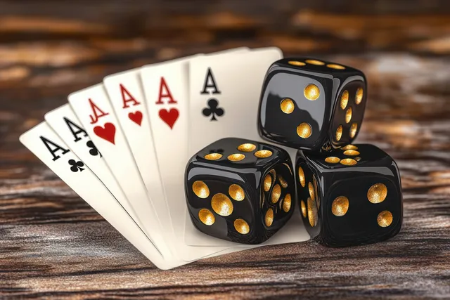 Five aces are fanned on a wooden tabletop beside four stacked black dice with gold pips.