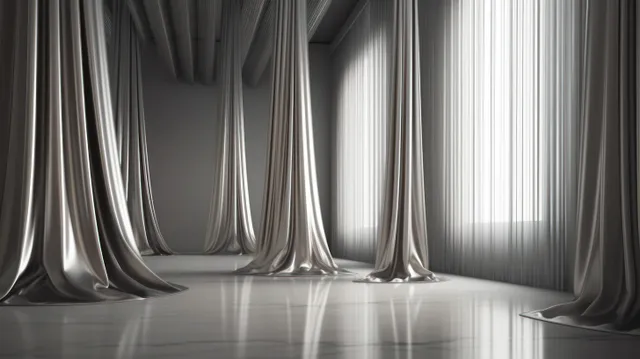 Shiny silver curtains hang on both sides above a reflective icy white floor under soft winter light.