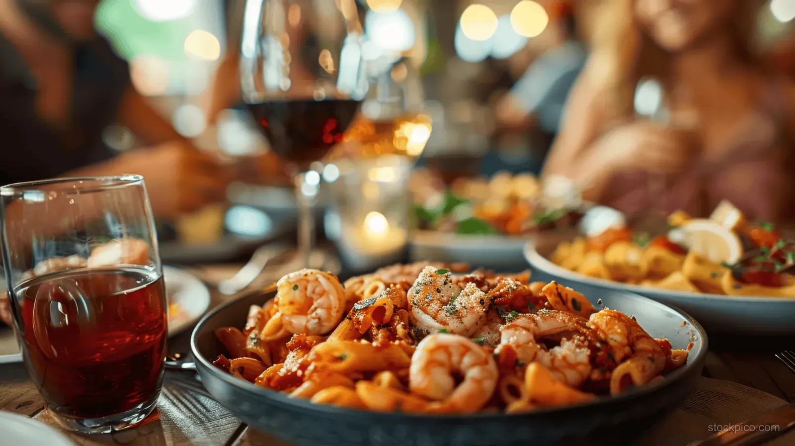 Shrimp pasta in a bowl alongside a glass of red wine on a dining table with diners blurred in the background.