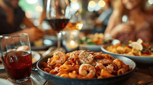 Italian dining table scene with shrimp pasta and red wine glasses, warm conversation