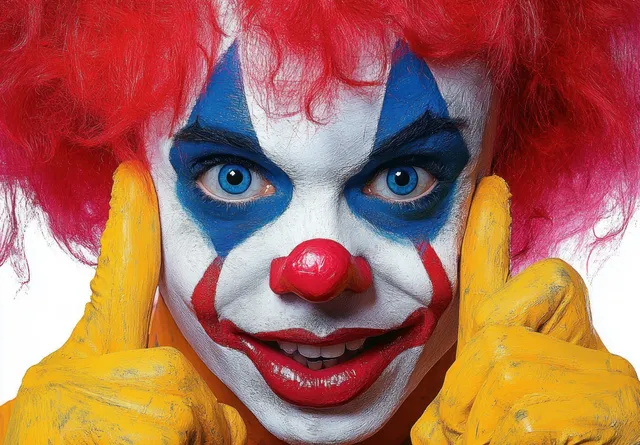 A clown face with blue eyes, red nose, and white-red makeup framed by a bright red wig against a clean background.