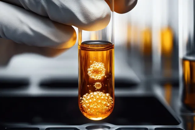 Gloved hand holds an amber test tube with suspended bubbles while blurred lab equipment sits behind.