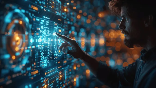 A businessman points at glowing financial charts on a futuristic digital interface in a dark office.