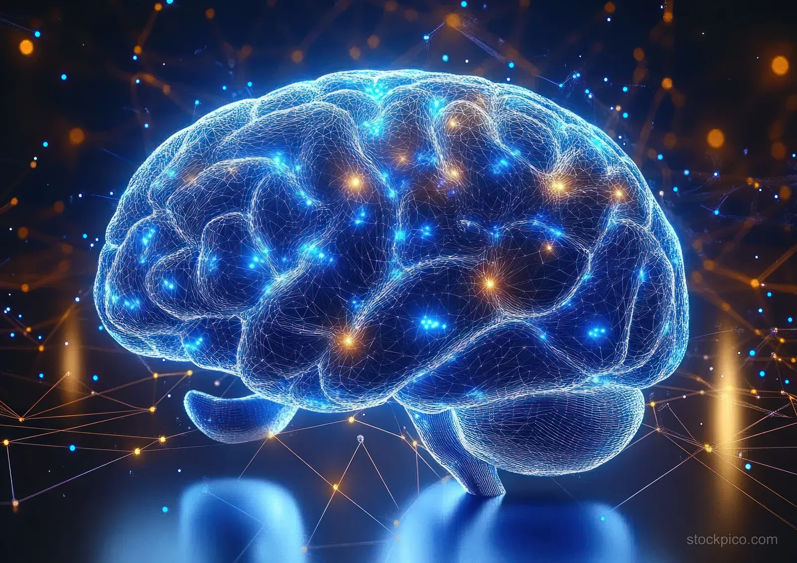 Wireframe human brain floating on a dark background with glowing blue and orange neural network connections.