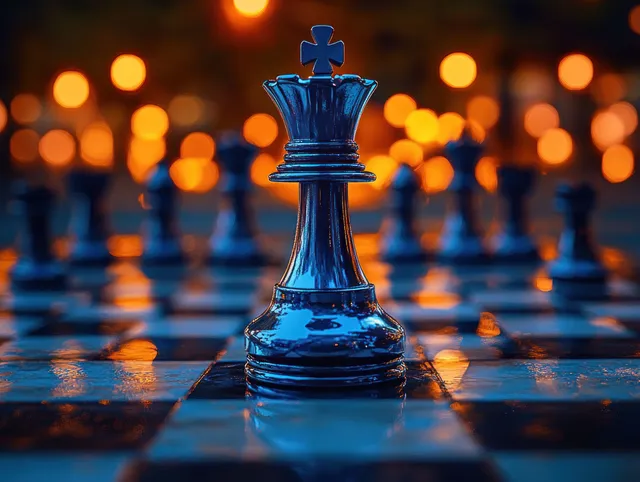Blue chess king piece on reflective board with warm bokeh lights behind with Black And Blue Squares